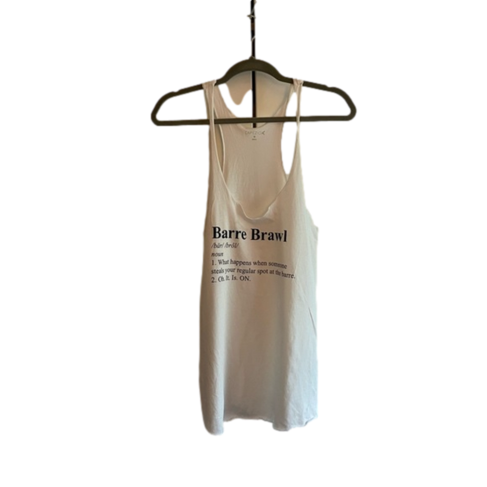 Capezio women’s medium “Barre Brawl” tank top. White with black lettering.